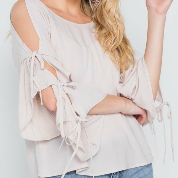 Anthro Cold Shoulder Cascading Bell Tie Sleeve Top - Picture 5 of 8